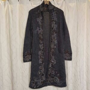 Jigsaw Cardigan Grey Floral Embroidered Sequin Whimsigoth Cottage Alpaca Wool M